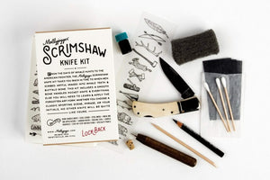 Molly jogger Scrimshaw Knife kit, shown with packaging and contents laid out