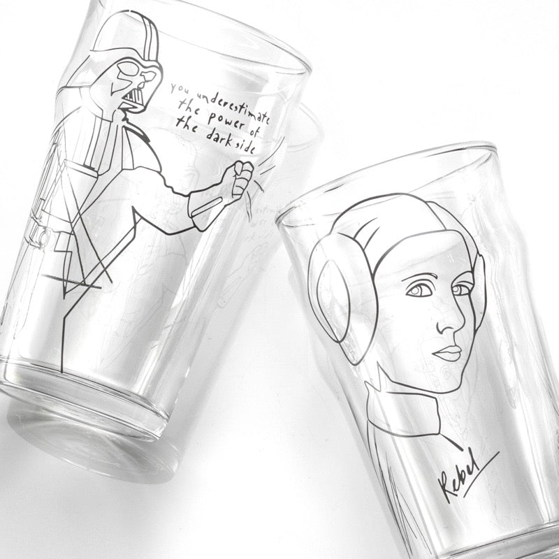 Star Wars drinking glasses with Darth Vader and Princess Laya screen print