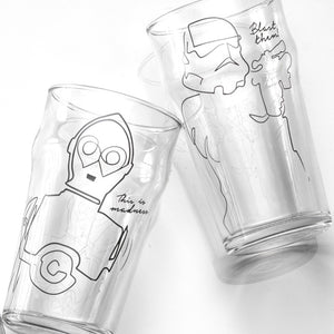 Star Wars drinking glasses with C3PO and storm trooper screen print
