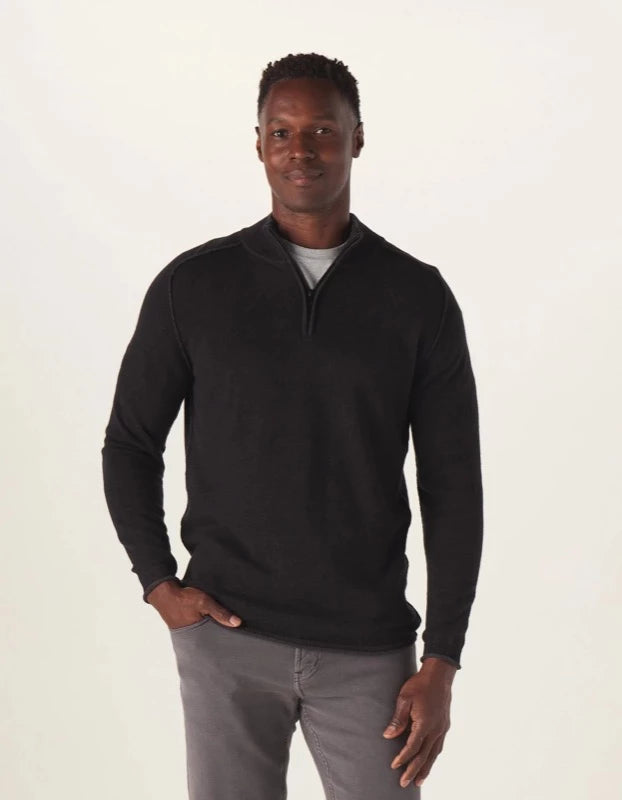 Model Wearing Jimmy Quarter Zip sweater in black front view