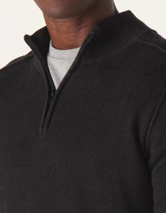 Model Wearing Jimmy Quarter Zip sweater in black close up view