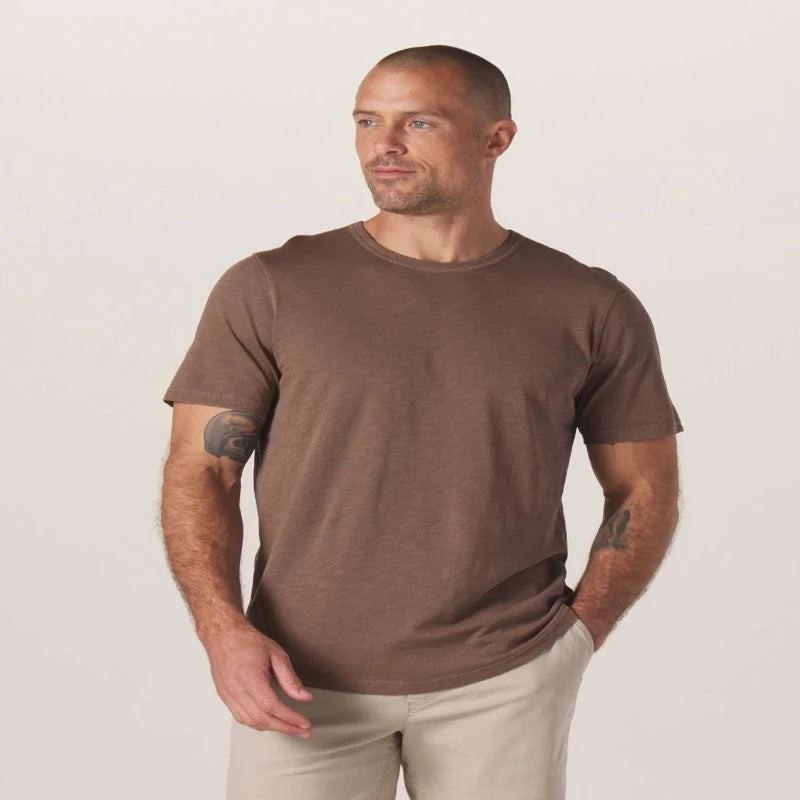 Model Wearing The Normal Brand Legacy Jersey T-shirt in Pine Bark-Front View