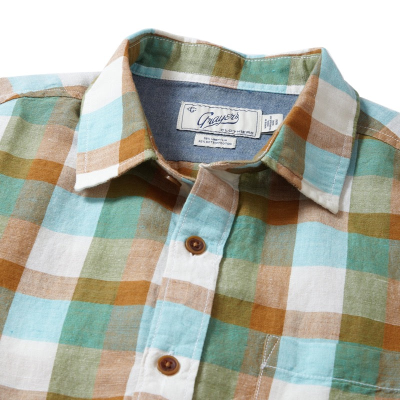 Grayers cotton/linen Madras plaid short Sleeve shirt in Green & tan flat lay close up front view