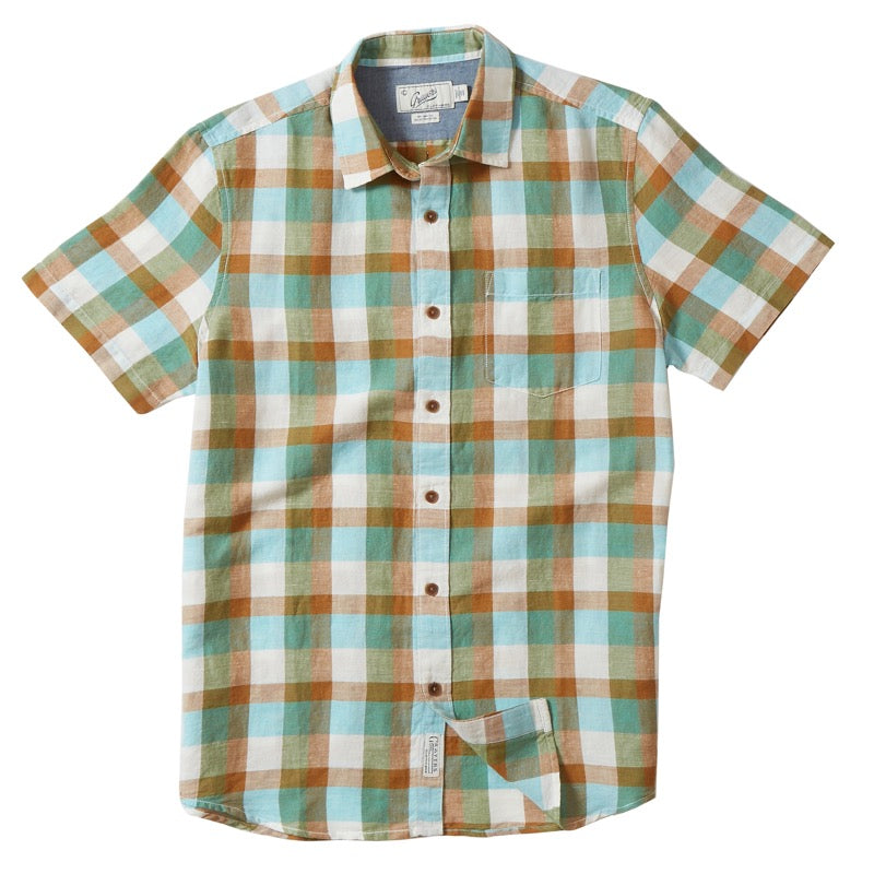 Grayers cotton/linen Madras plaid short Sleeve shirt in Green & tan flat lay front view