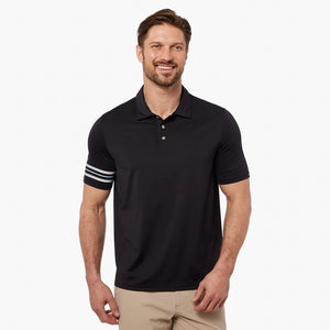 Model Wearing Fair Harbor Midway polo In grey stripe Front View