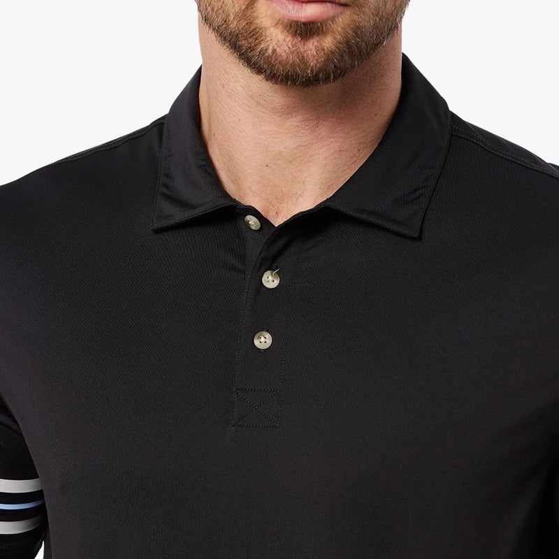 Model Wearing Fair Harbor Midway polo In grey stripe close up View