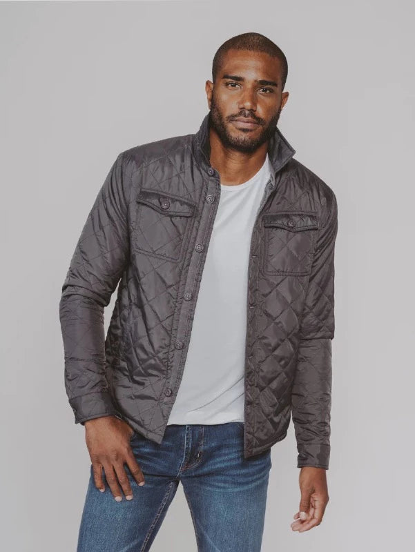 Model Wearing The Normal Brand Quilted Sherpa Lined Shacket in Charcoal Front  View