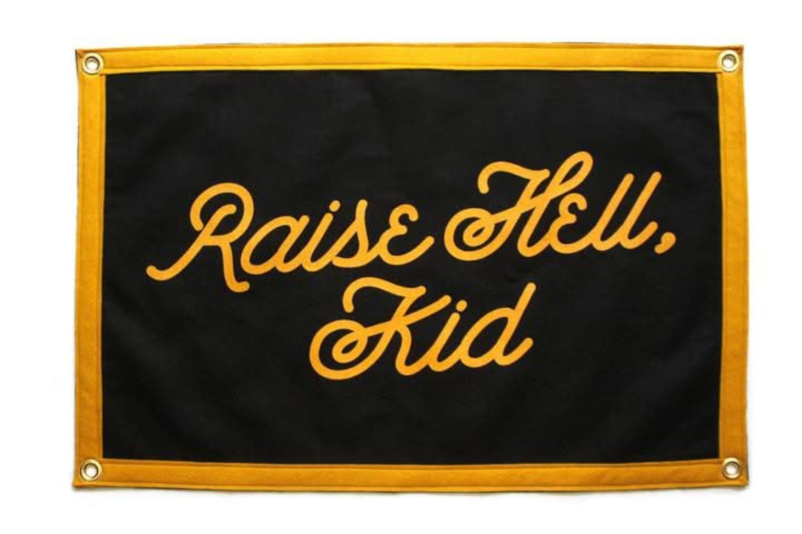 Black wool felt Raise Hell Kid mini camp flag, product shot, The Simple Man