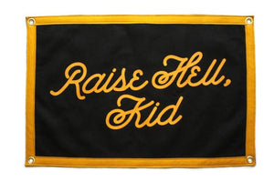 Black wool felt Raise Hell Kid mini camp flag, product shot, The Simple Man