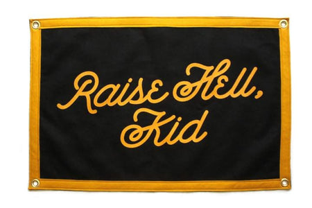 Black wool felt Raise Hell Kid mini camp flag, product shot, The Simple Man
