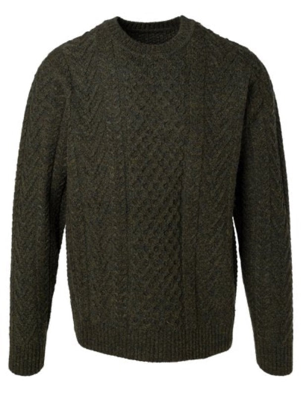 Schott Wool cable knit crew neck sweater in Moss Front View