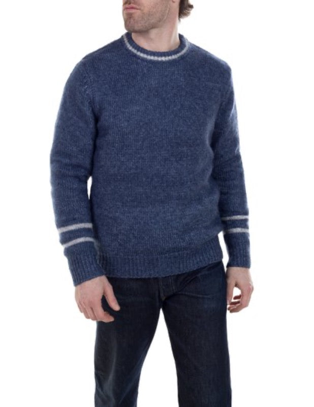 Model wearing Schott Mid-weight triple blend crewneck sweater in Navy front view