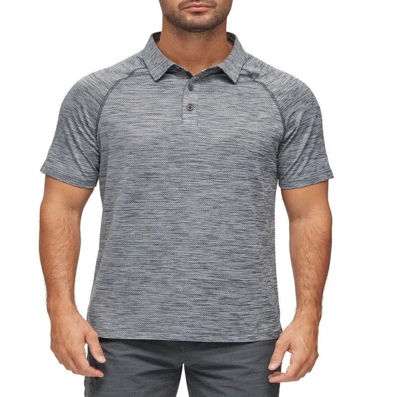 Model Wearing Flag & Anthem Springfield Performance Polo in Charcoal grey front view