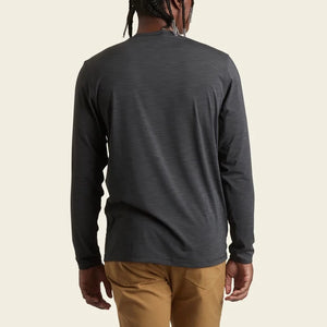 Model wearing howler Bros HB surf Long sleeve t-shirt in antique Black rear view  