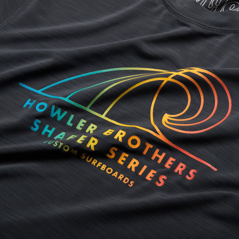 Model wearing howler Bros HB surf Long sleeve t-shirt in antique Black close up view 