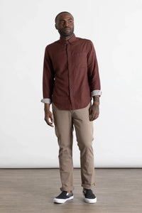 Model Wearing Bridge & Burn Sutton Burgundy Double Clothe shirt front view