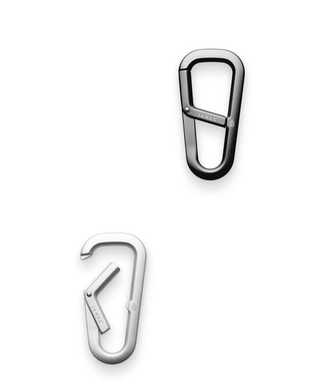 The James Brand Hardin Key/Carabiner clip showing silver and black models