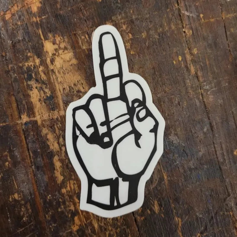 famous face black and white vinyl sticker featuring a cartoon hand giving the bird