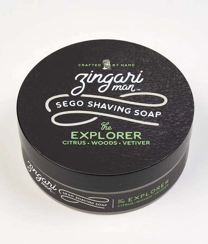 Zingari Man Sego shave soap in the Explorer scent 5oz jar