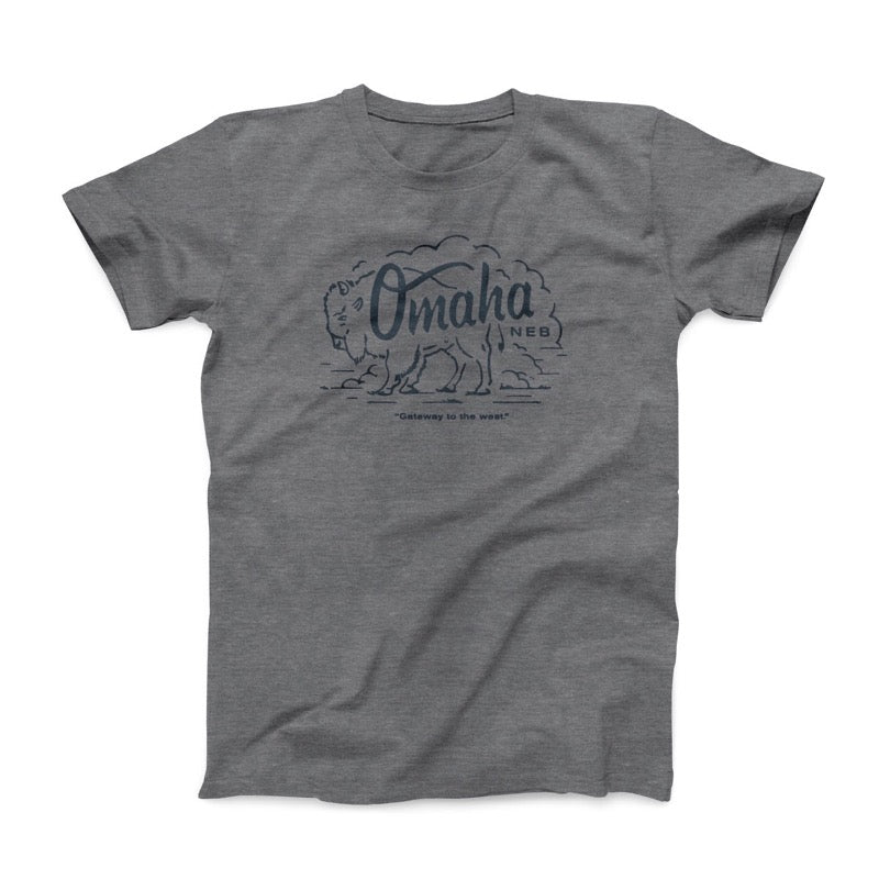 Omaha Nebraska Buffalo T-shirt with buffalo Image printed in Blue on grey shirt
