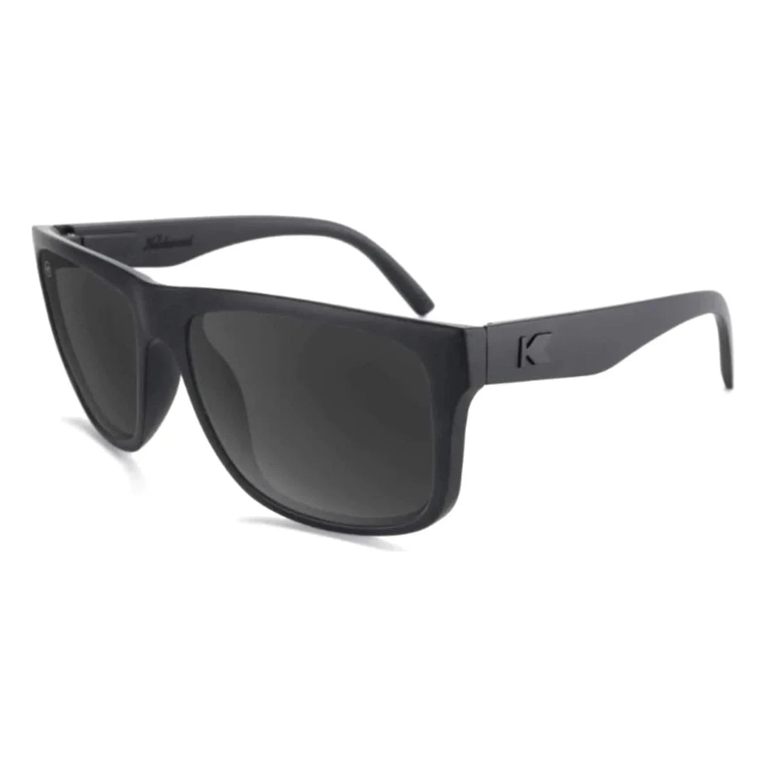 Torrey Pines sunglasses in black on black with smoke lenses, angled view, The Simple Man