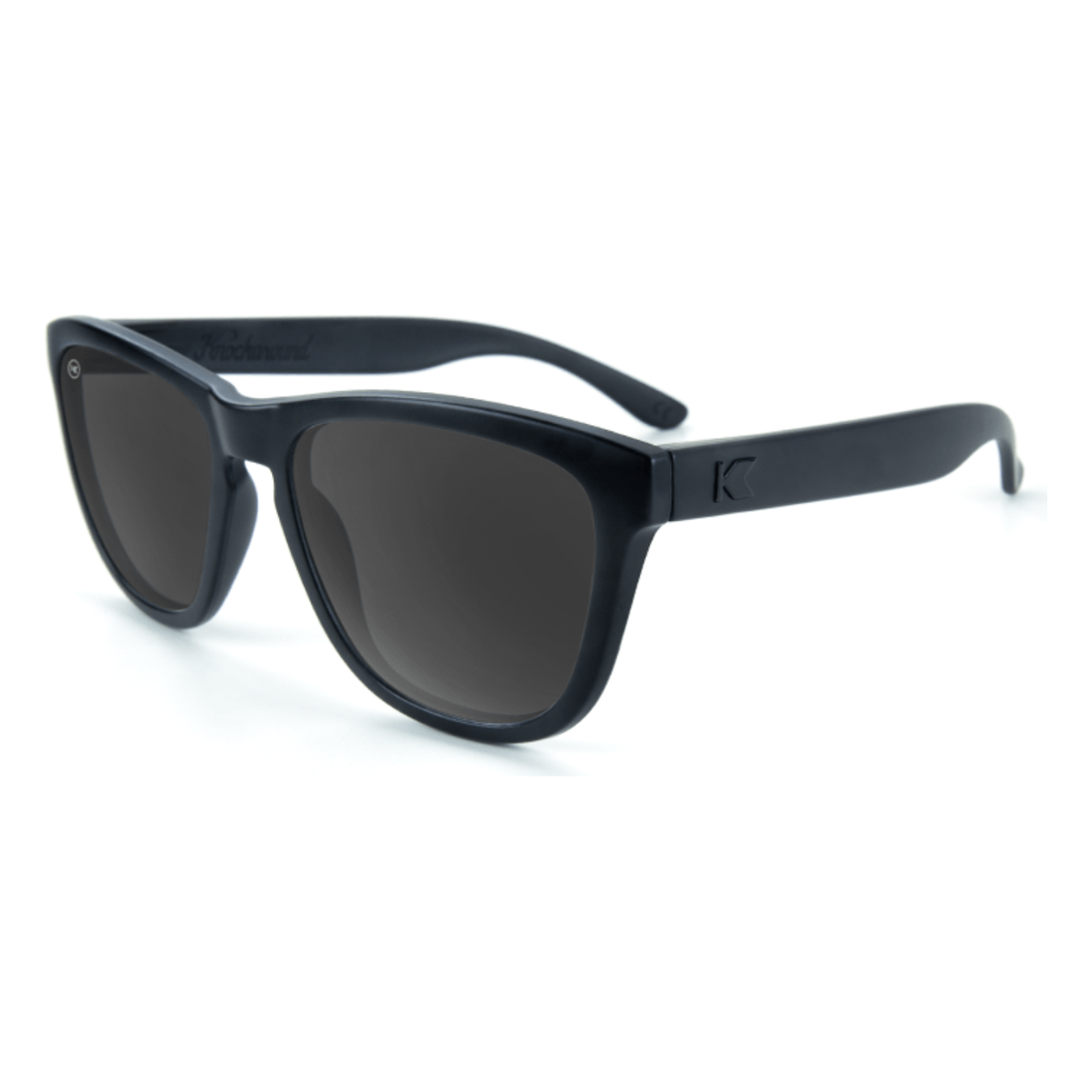 Premiums sunglasses in black with smoke lenses, angled view, The Simple Man