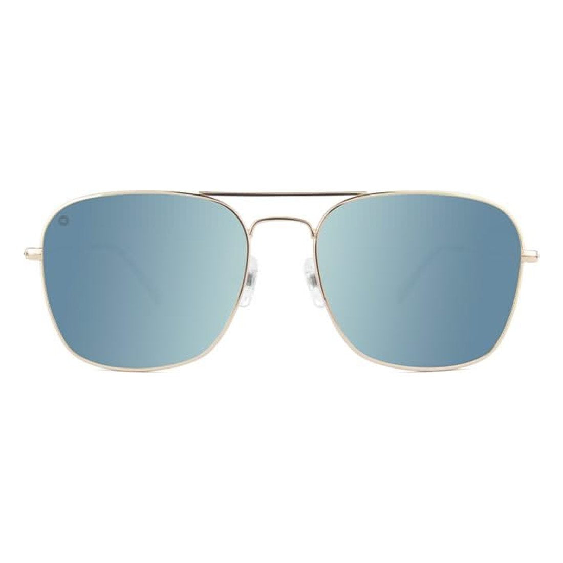 Mount Evans sunglasses in gold with sky blue lenses, front view, The Simple Man