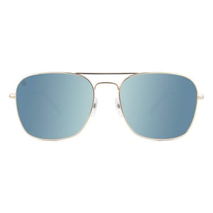 Mount Evans sunglasses in gold with sky blue lenses, front view, The Simple Man