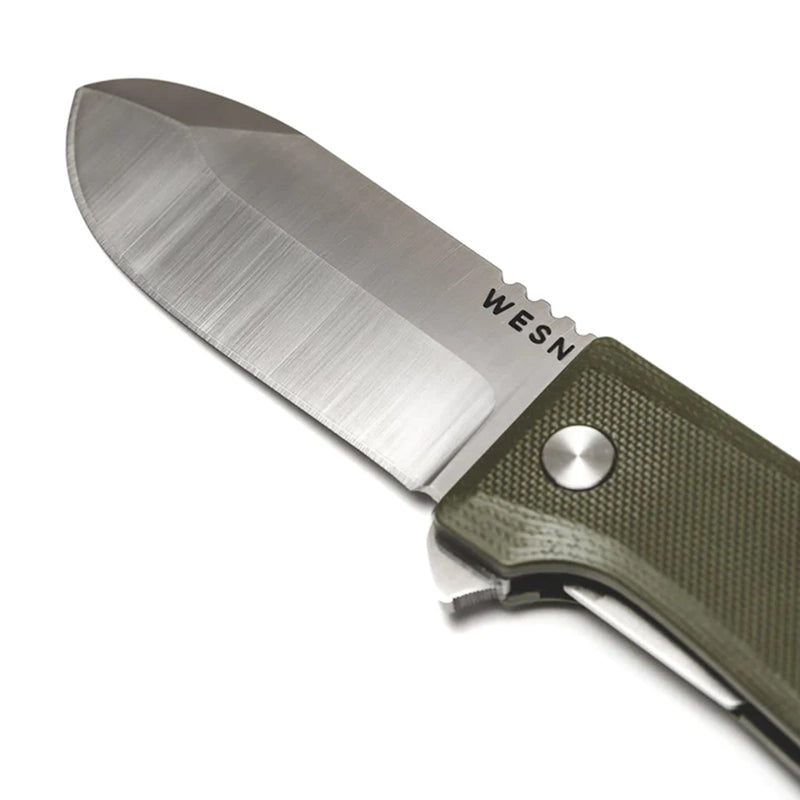 WESN Allman knife in OD Green G10 with blade open close up view
