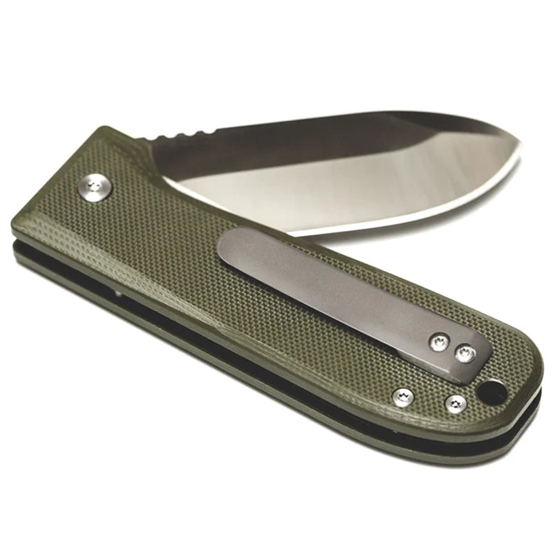 WESN Allman knife in OD Green G10 with blade partially open with view of the pocket clip