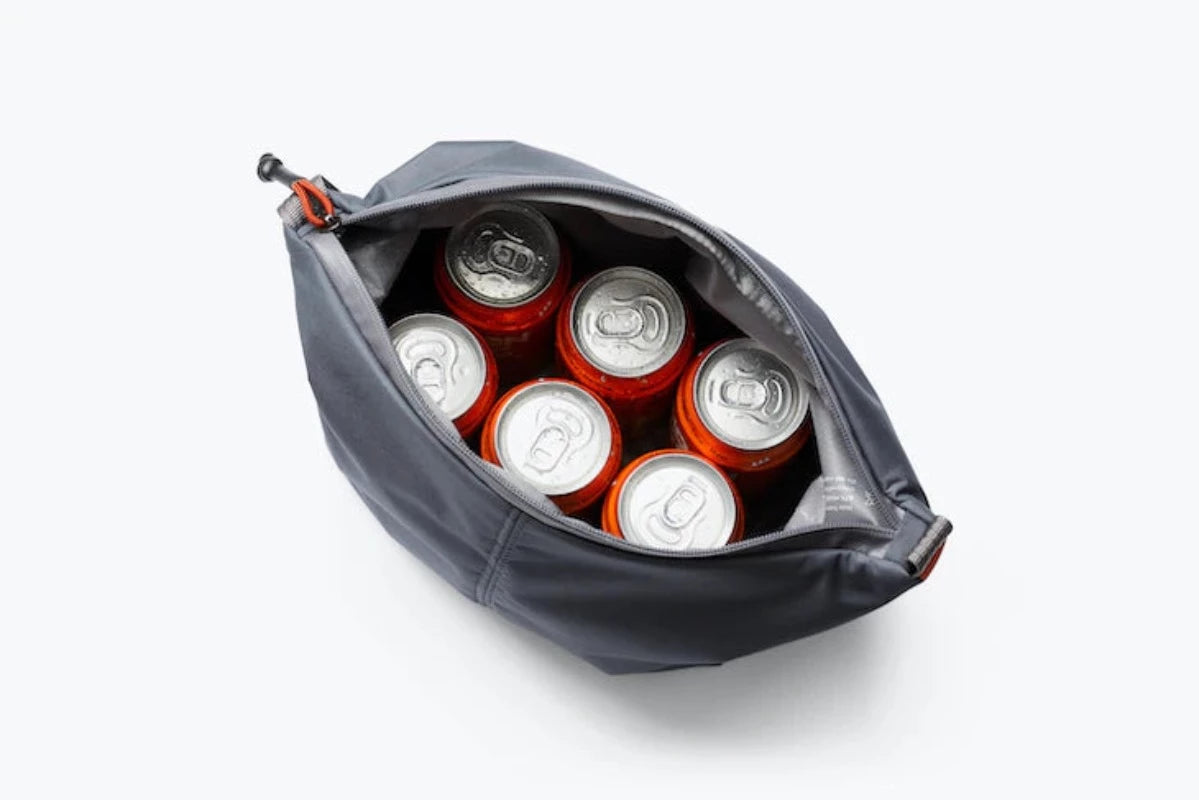 Bellroy Cooler Caddy in Charcoal open showing a six pack of beverages inside