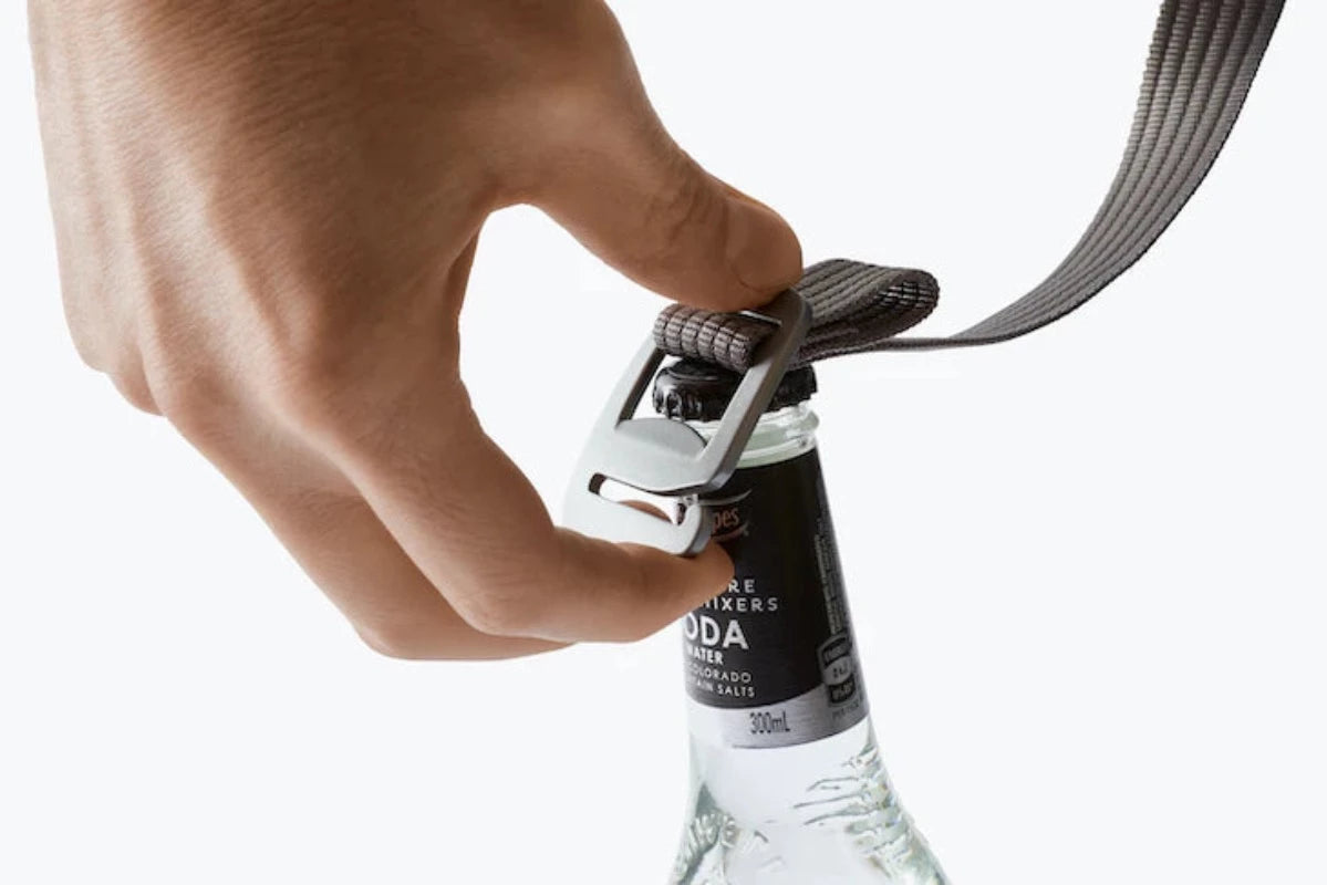 Bellroy Cooler Caddy in Charcoal bottle opener on the handle strap/buckle