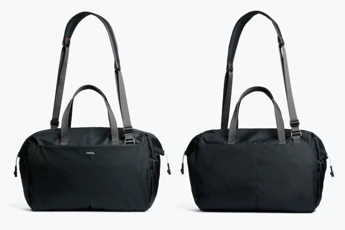 Bellroy Lite Duffel In Shadow colorway, showing both sides of the bag