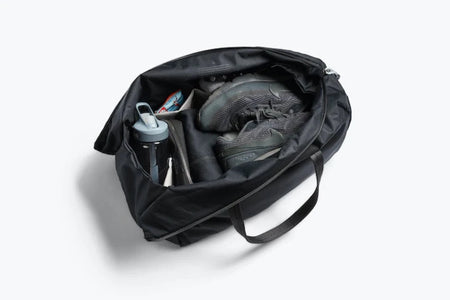 Bellroy Lite Duffel In Shadow colorway, showing inside of the bag
