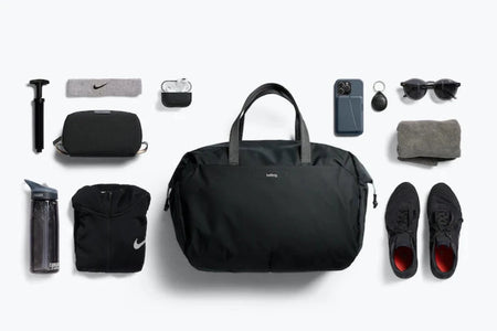 Bellroy Lite Duffel In Shadow colorway, showing contents that will fit in the bag