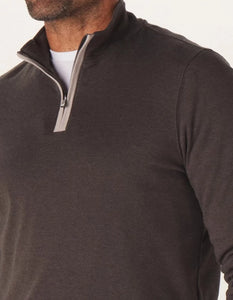 Model Wearing The Normal Brand Puremeso Quarterzip in Charcoal close up detail View