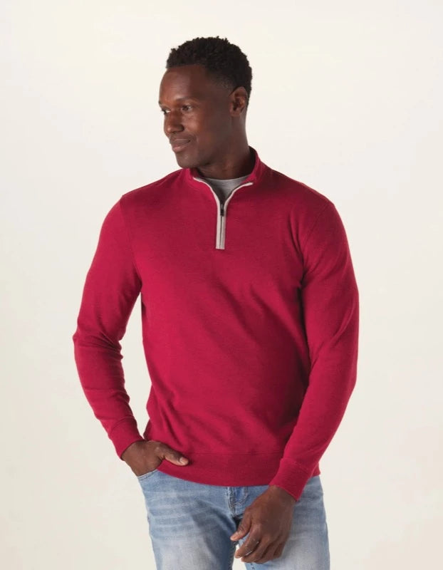 Model Wearing The Normal Brand Puremeso Quarterzip in Currant Front View
