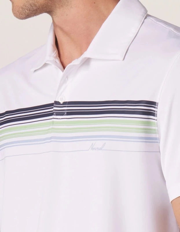 model wearing The Normal Brand Normal Script Performance Polo shirt in White - close up View