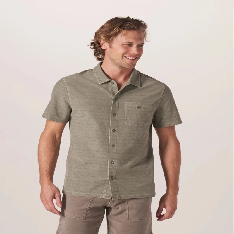Model Wearing The Normal Brand Sequoia Button Down Shirt in Moss - Front View