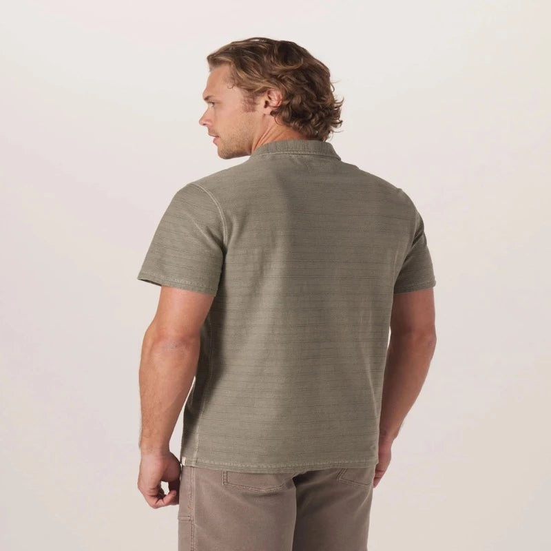 Model Wearing The Normal Brand Sequoia Button Down Shirt in Moss - Rear  View