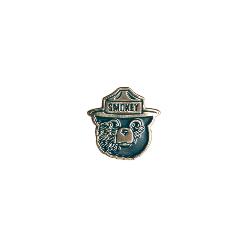 Close-up of the Smokey Bear enamel pin in teal and cream