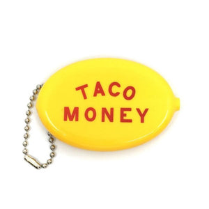 Yellow Vinyl Rubber Coin Pouch with "Taco  Money" printed in Red, front side view