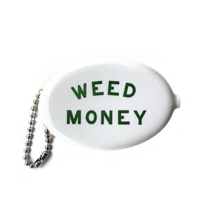 Vinyl Rubber Coin Pouch with "Weed Money" printed in Green, front side view